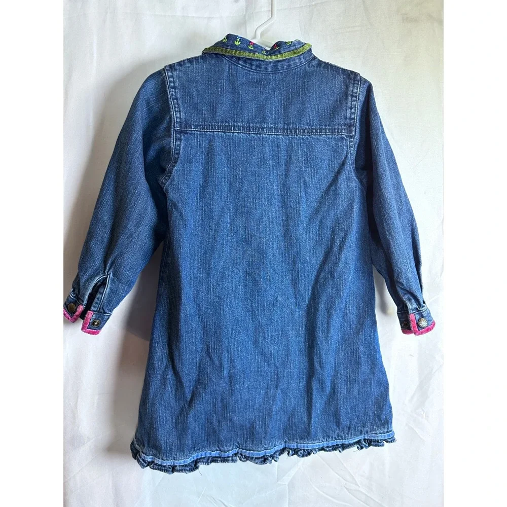 OshKosh Denim Dress 4 Blue Floral Embroidered Velvet Trim Ruffle Kids